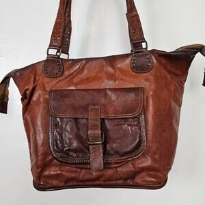 Noonday Collection Leather‎ Zip Top Shoulder Bag Purse Cognac Brown Tote